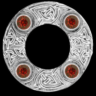 Silver circular design with red gemstones on a white background