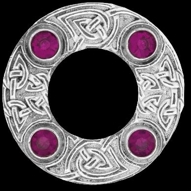 Silver circular design with Celtic knot patterns and pink gemstones on a white background
